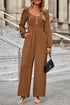 Long Sleeve Shirred Button Straight Leg Jumpsuit