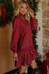 Plaid Long Sleeve Shift Silhouette Decoration Mini Dress