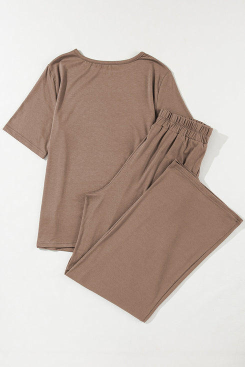 Casual Solid T Shirt Wide Leg Pant Set