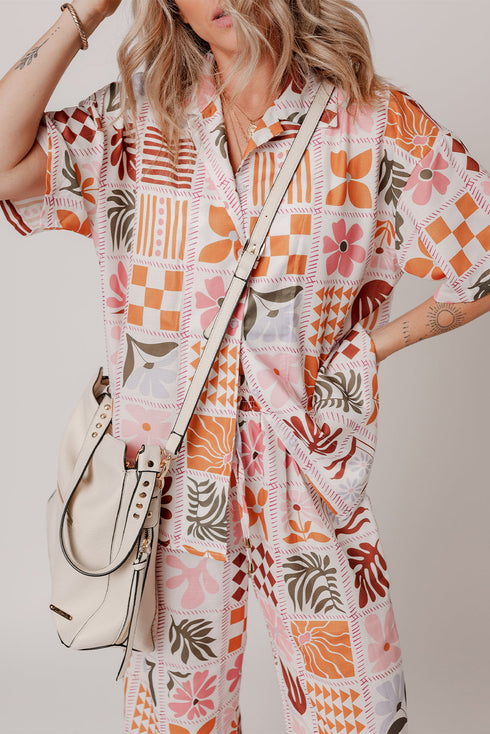 Bohemian Plant Checkered Print Collared Wide Leg Pant Set