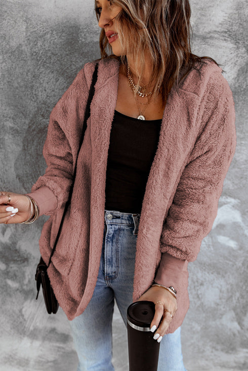 Chic Soft Fleece Hooded Open Front Jacket