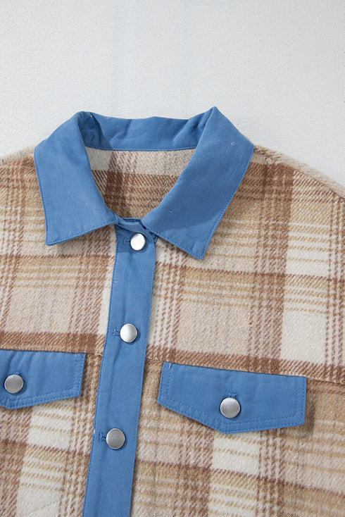 Casual Plaid Patchwork Flap Detail Button Up Shacket