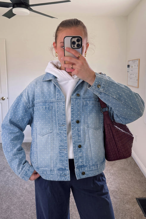 Polka Dot Long Sleeve Collar Pocket Shift Silhouette Denim Jacket