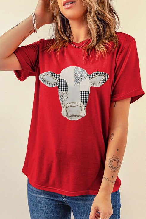 Cow Print Western Patchwork Round Neck Tee