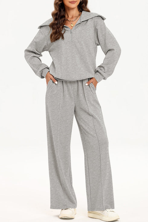 Zip Sailor Collar Pullover Seam Detail Athleisure Pant Set