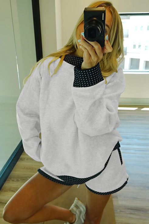 Polka Dot Patchwork Mock Neck Pullover Short Set