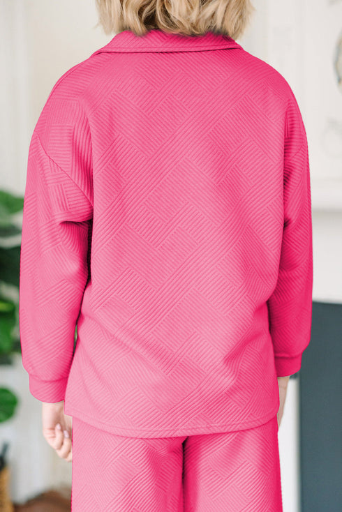 Solid Textured Collared V Neck Wide Leg Pant Sets