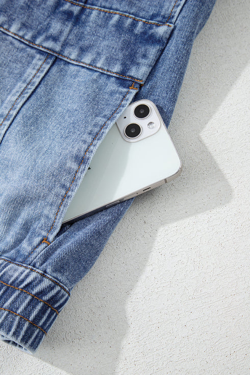 Solid Washed Button Up Elastic Hem Denim Vest