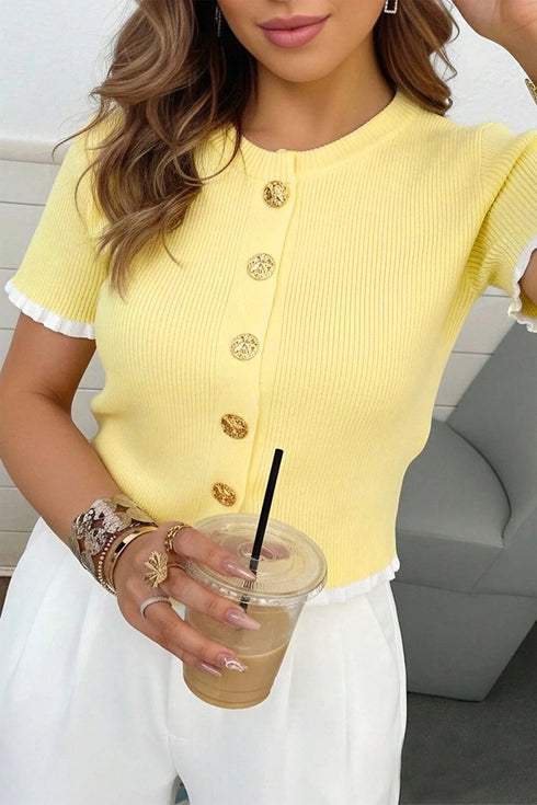 Ribbed Knit Frilled Trim Cardigan Short Sleeve Sweater