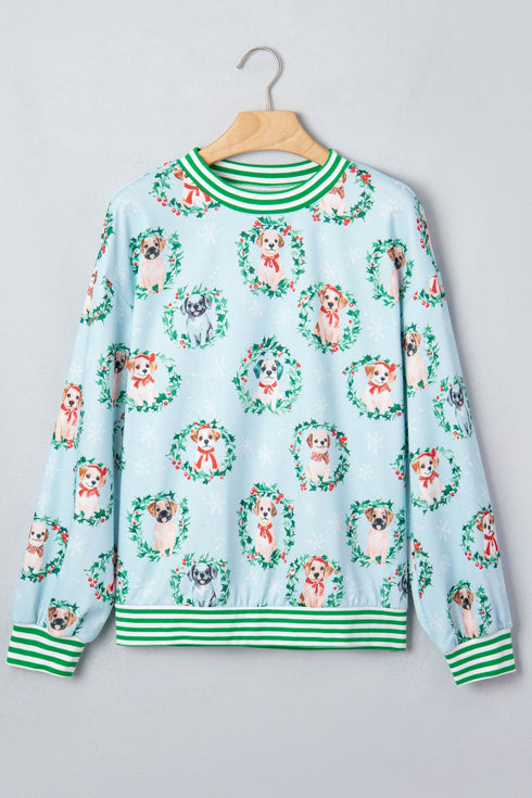 Abstract Dog Print Ribbed Cuff Round Neck Long Sleeve Sweatshirt