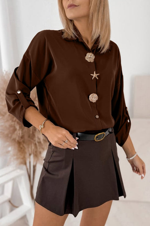 Polyester Button Decoration Tab Long Sleeve Blouse