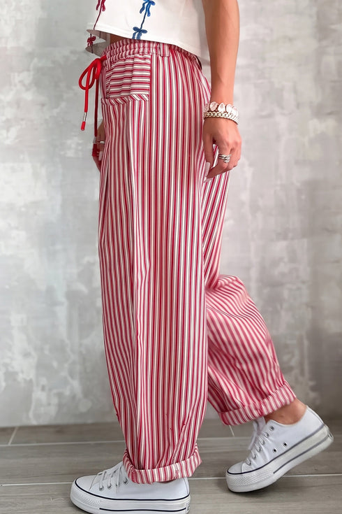 Striped Pattern Drawstring Detail Loose Fit Pants