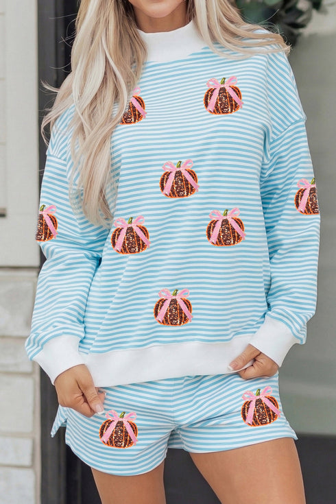 Sequined Pumpkin Baggy Pullover Coordinated Graphic Short Set