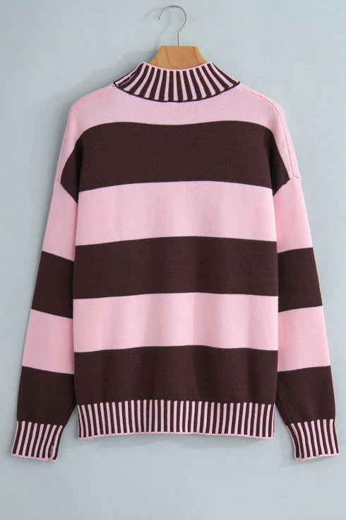 Striped Panel High Neck Drop Shoulder Relaxed Pullover Sweater