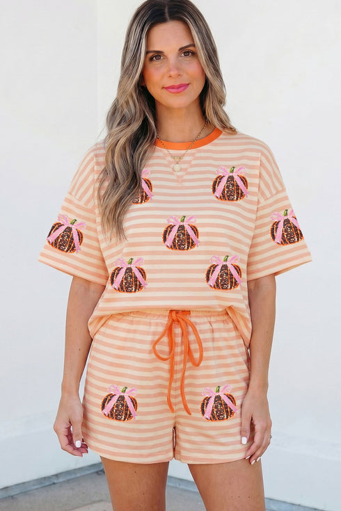 Striped Sequined Pumpkin Relaxed Tee Drawstring Shorts Two Piece Set