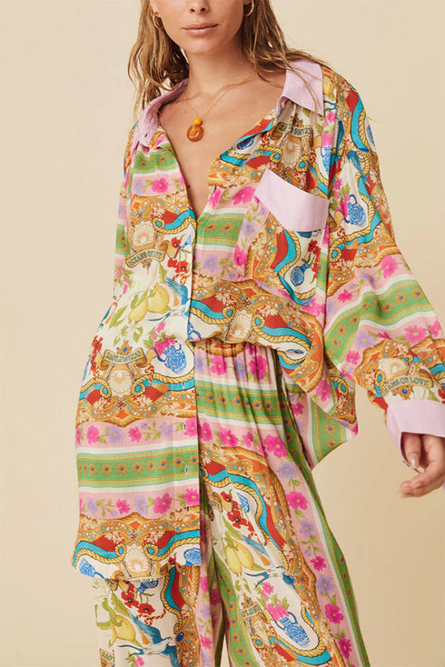 Boho Floral Print Buttoned Long Sleeve Shirt Dress