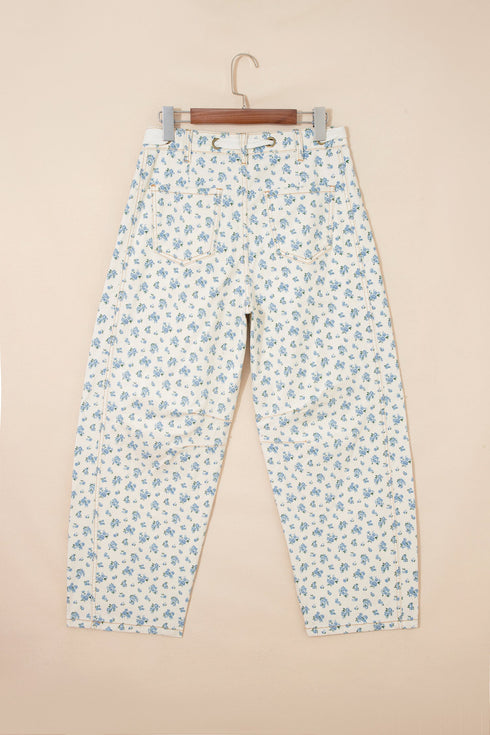 Grommet Knot Waist Floral Barrel Jeans
