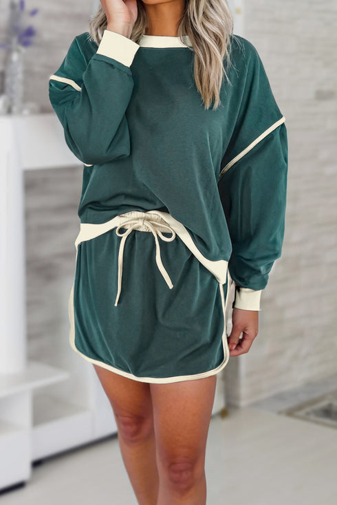 Paneled Loose Pullover And Lace Up Skort Two Piece Set