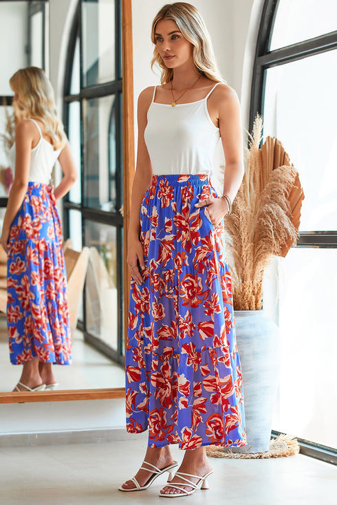 Bohemian Floral Print Tiered Split Maxi Skirt