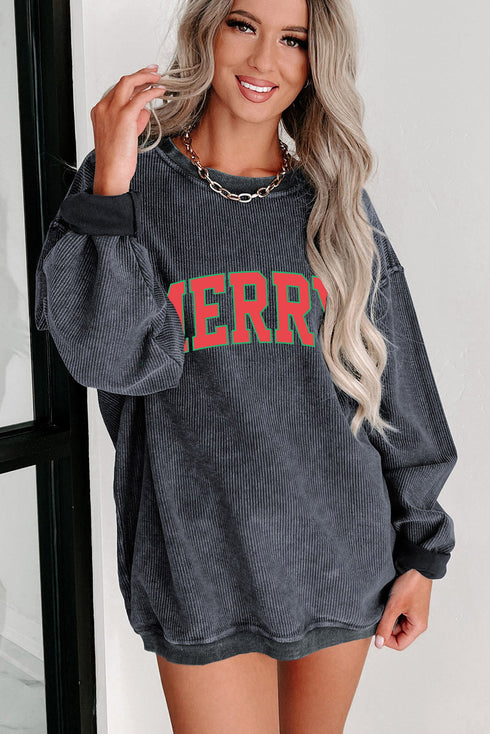 Festive Graphic Corded Texture Oversized Pullover Sweatshirt