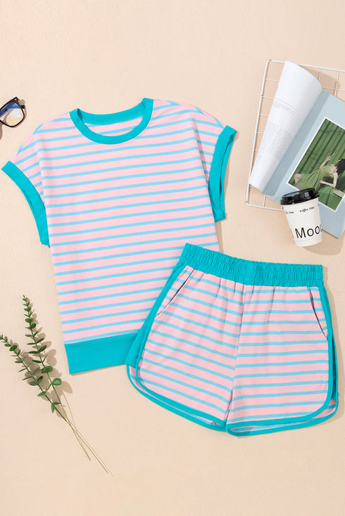 Striped Print Relaxed Fit Two Piece Short Sets