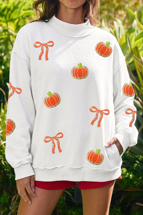 Chenille Pumpkin Sequin Bow Graphic Exposed Seam Mock Neck Sweatshirt