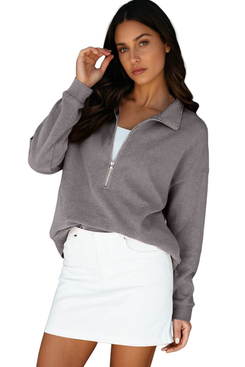 Waffle Textured Collar Half Zip Pocketed Drop Shoulder Sweatshirt