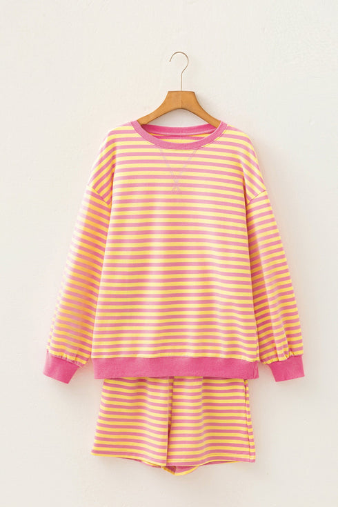 Stripe Block Trim Long Sleeve Shorts Set