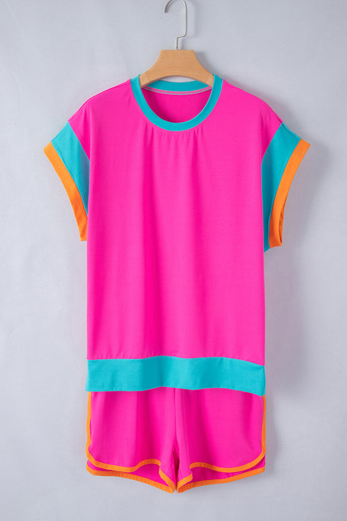 Casual Blocked Pattern Patchwork Cap Sleeve Short Set