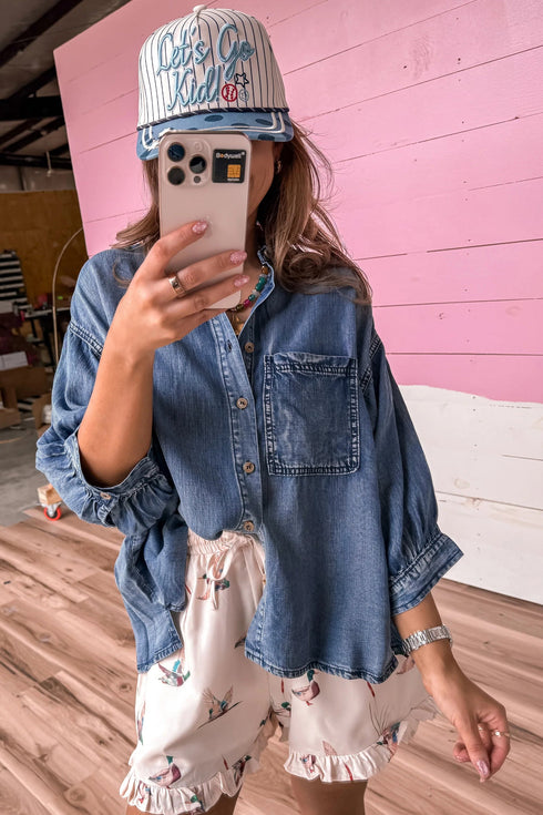 Three Quarter Sleeve Button Front Loose Denim Blouse