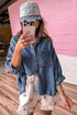 Three Quarter Sleeve Button Front Loose Denim Blouse