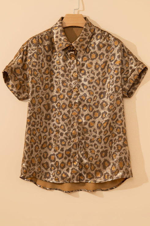 Metallic Leopard Print Dolman Sleeve Button Down Shirt