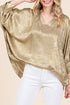 Metallic V Neck Button Cuff Long Sleeve Dolman Blouse