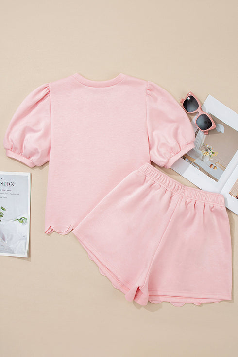 Puff Sleeve Pearl Embellished Scallop Trim Two Piece Dress