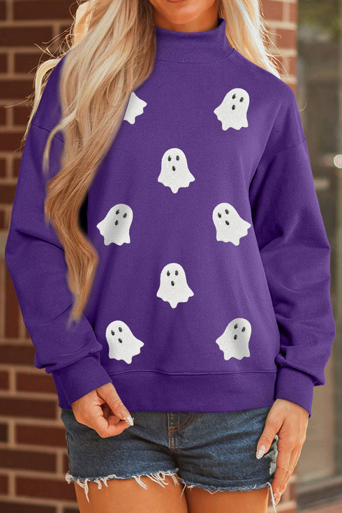 Sequined Ghost Print Mock Neck Graphic Sweatshirt