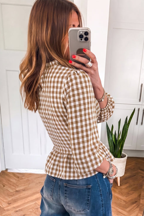 Plaid Shirred Smocked Peplum Three Quarter Sleeve Blouse