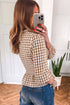 Plaid Shirred Smocked Peplum Three Quarter Sleeve Blouse