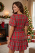 Plaid Knot Neck Short Sleeve Shift Midi Dress