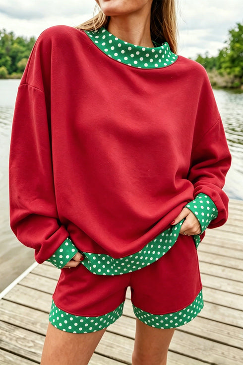 Polka Dot Panel Trim Baggy Mock Neck Pullover Short Set