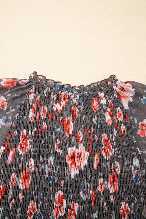Frilly Smocked Bodice Mesh Long Sleeve Mini Floral Dress