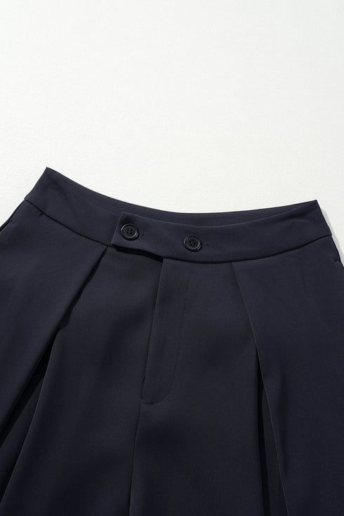 Casual Dual Buttoned High Waisted Pleated Wide Leg Pants