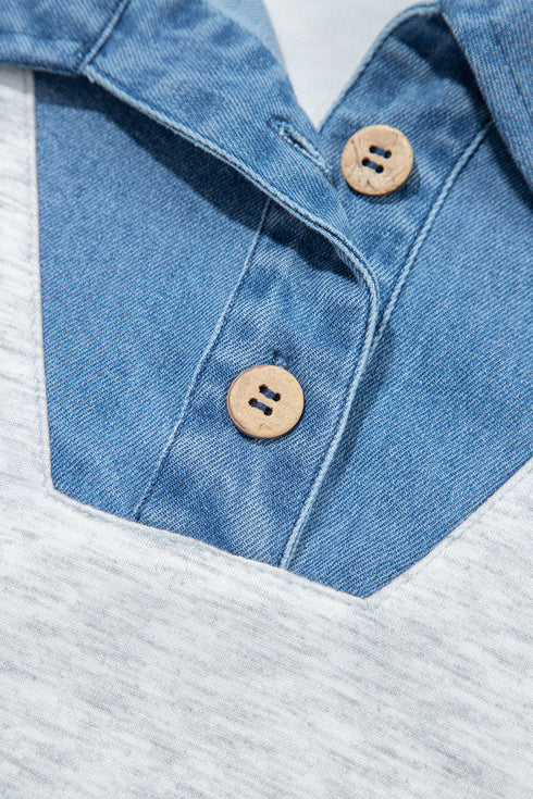 Denim Collar Cuffed Short Sleeve Polished Top
