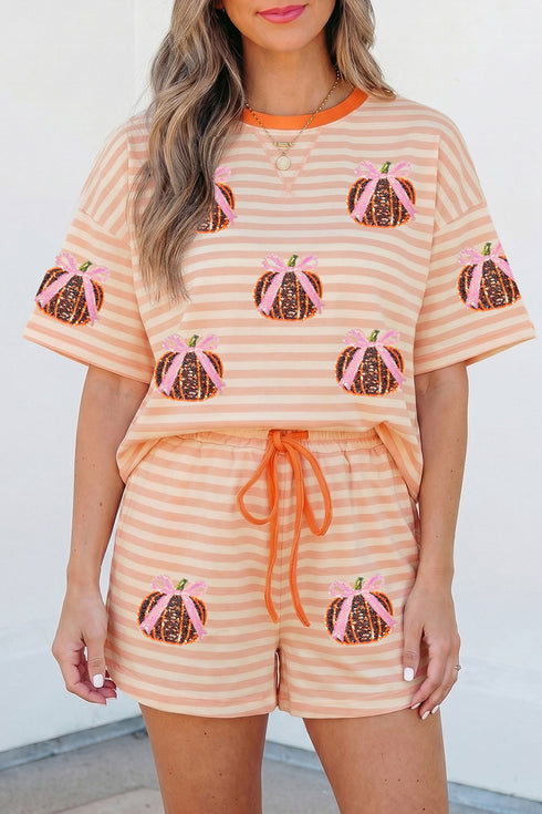 Striped Sequined Pumpkin Relaxed Tee Drawstring Shorts Two Piece Set