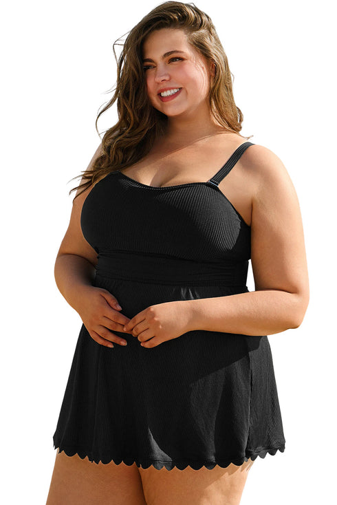 Ribbed Textured Scalloped Trim Swim Dress Swimwear