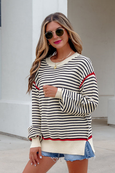 Striped Ribbed Trim Drop Shoulder Oversized Sweater