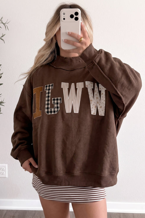 Wwjd Mixed Pattern Embroidered Patch Mock Neck Sweatshirt