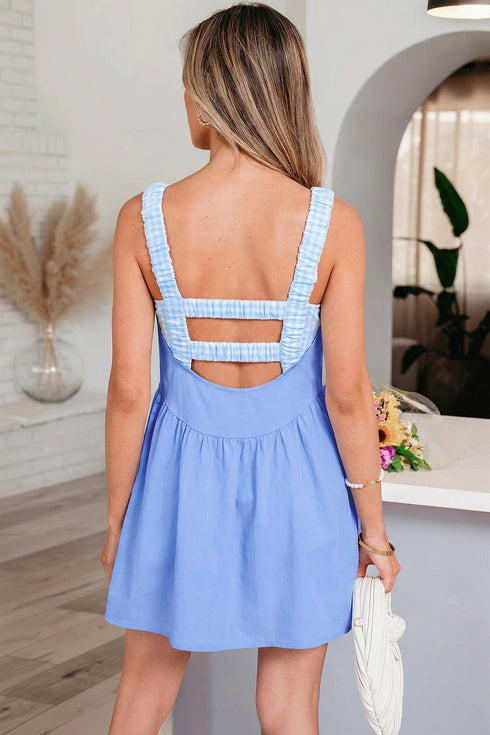 Faux Two Piece Gingham Contrast Patchwork Loose Active Mini Dress