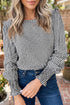 Plaid Shirred Cuff Round Neck Cotton Long Sleeve Blouse