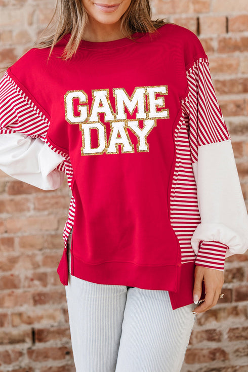 Polyester Cotton Striped Sleeve Graphic Pullover Sweatshirt