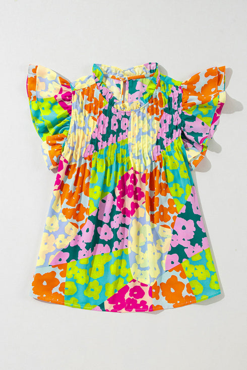 Abstract Print Ruffled Mock Neck Pleated Blouse